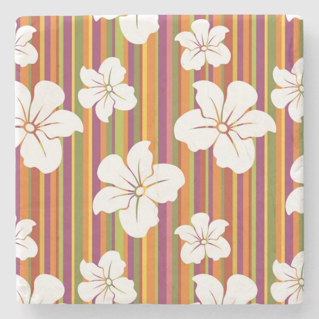 Dessous-de-verre En Pierre Fleurs blanches sur un arrière - plan rayé (Devant)