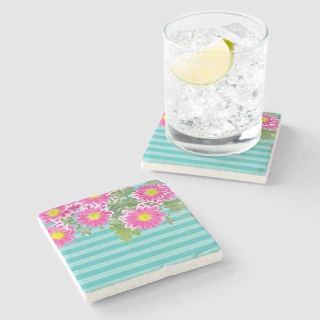 Dessous-de-verre En Pierre Fleurs de marguerite rose fraîche sur bandes Turqu (Côté)
