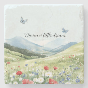 Dessous-de-verre En Pierre Fleurs de pavot rouge papillons bleus
