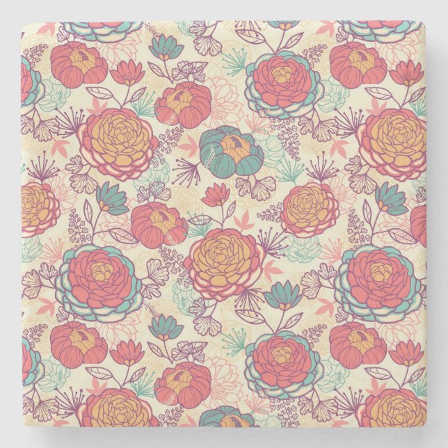 Dessous-de-verre En Pierre Fleurs de pivoine et motif feuille (Devant)