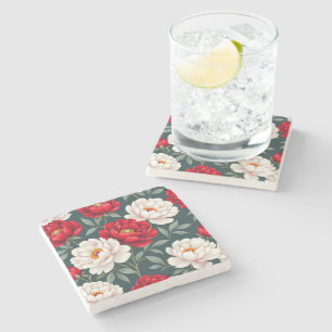 Dessous-de-verre En Pierre Fleurs de pivoine rouges et blanches 