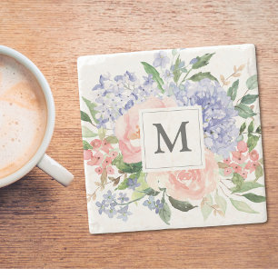 Dessous-de-verre En Pierre Fleurs de printemps bleu rose aquarelle monogrammé