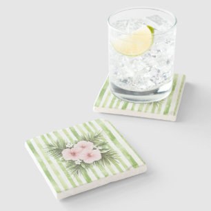 Dessous-de-verre En Pierre Fleurs d'Hibiscus Rose avec Rayures Vertes