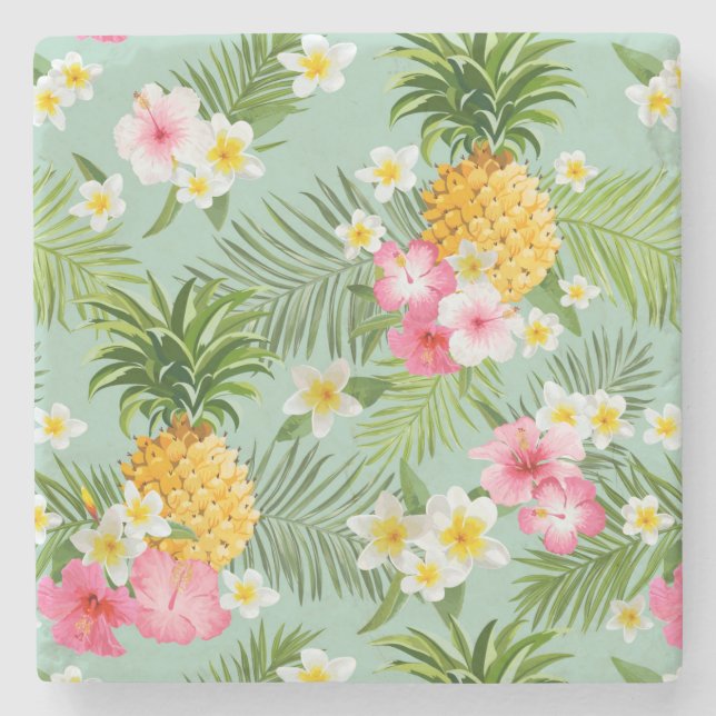 Dessous-de-verre En Pierre Fleurs et ananas tropicaux (Devant)