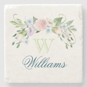 Dessous-de-verre En Pierre Fleurs et monogramme d'aquarelle