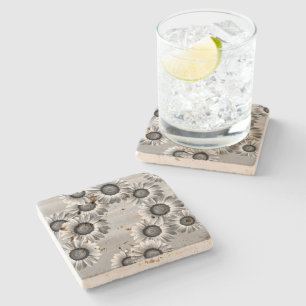 Dessous-de-verre En Pierre Fleurs noires et blanches