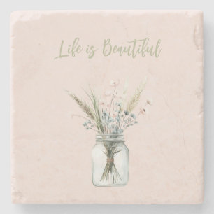 Dessous-de-verre En Pierre Fleurs roses et bleues blush dans un pot