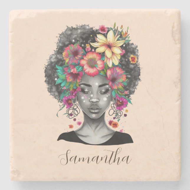 Dessous-de-verre En Pierre Floral Elegant Afro Femme (Devant)