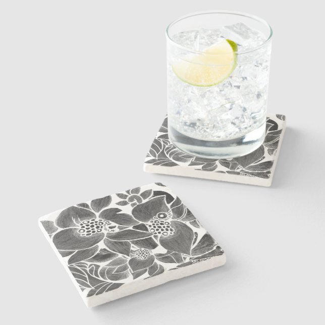 Dessous-de-verre En Pierre Floral noir blanc (Côté)