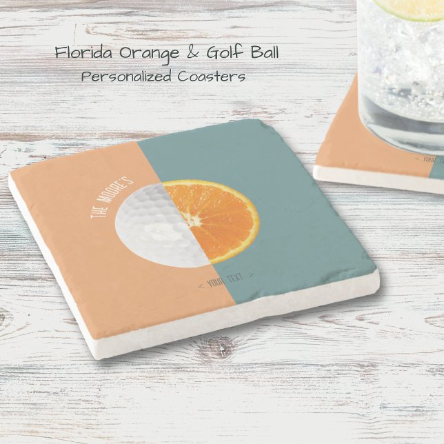 Dessous-de-verre En Pierre Florida Orange Golf Ball (Personalized Coasters. Half golf ball & Florida orange design with contrasting colored backround!)