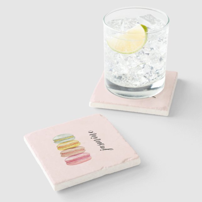Dessous-de-verre En Pierre Français Macarons Aquarelle Monogramme (Côté)