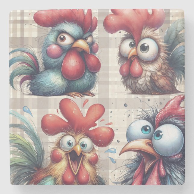 Dessous-de-verre En Pierre Funny Chickens and Roosters (Devant)