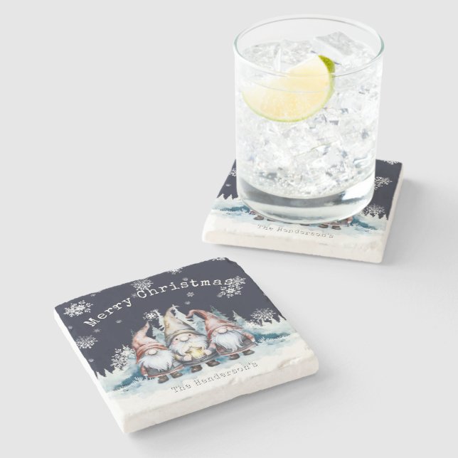 Dessous-de-verre En Pierre Gnomes de Noël aquarelle personnalisés (Côté)