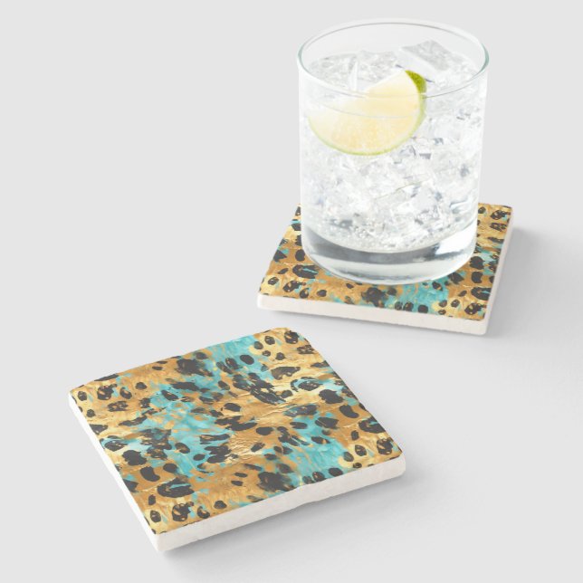 Dessous-de-verre En Pierre Gold Aqua Black Leopard Animal (Côté)