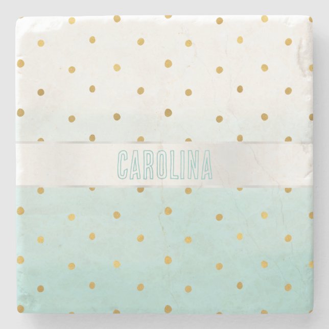 Dessous-de-verre En Pierre Gold Confetti Mint Aquarelle Nom (Devant)