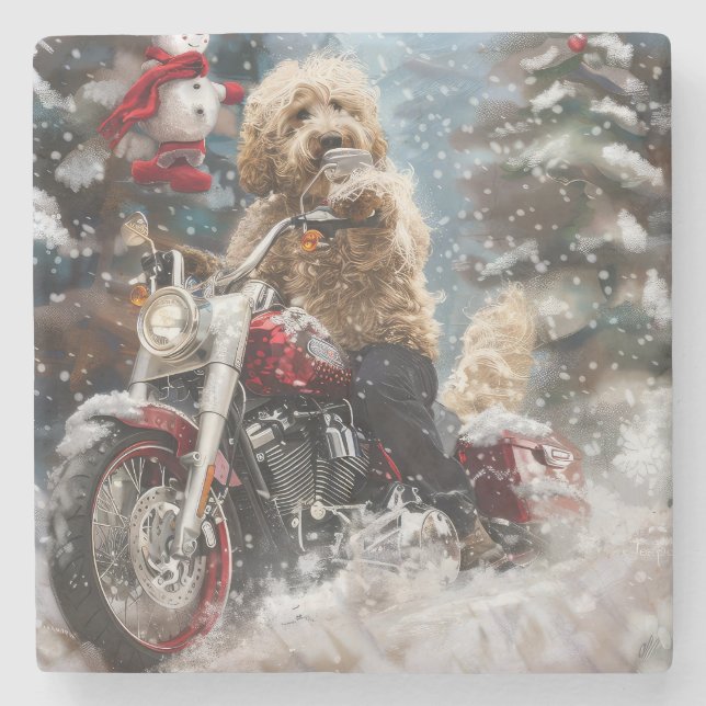 Dessous-de-verre En Pierre Goldendoodle Chien équitation Moto Noël (Devant)