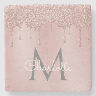 Dessous-de-verre En Pierre Gouttes de paillettes roses Monogramme élégant écr