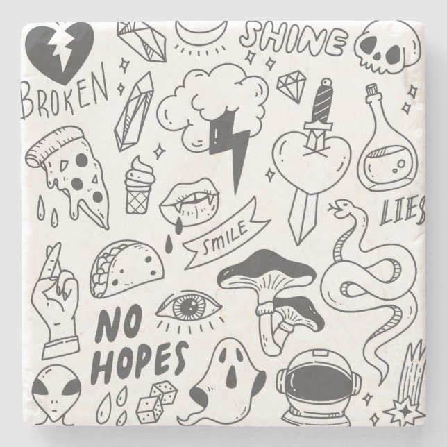 Dessous-de-verre En Pierre Graffiti mignon : Doodle Art Set. (Devant)