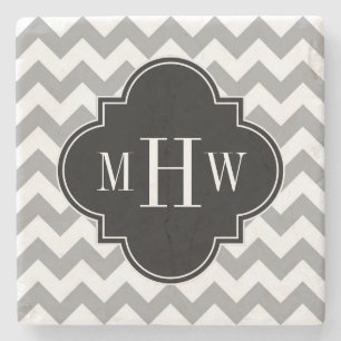 Dessous-de-verre En Pierre Gris Blanc Chevron Noir Quatrefeuille 3 Monogramme
