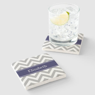 Dessous-de-verre En Pierre Gris foncé Lg Chevron Marine Nom bleu Monogramme