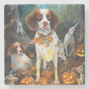 Dessous-de-verre En Pierre Halloween Brittany Spaniel avec citrouilles effray