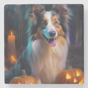 Dessous-de-verre En Pierre Halloween Shetland Sheepdog Avec la peur Citrouill