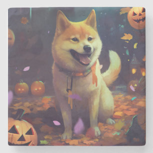 Dessous-de-verre En Pierre Halloween Shiba Inu Avec La Peur Citrouille