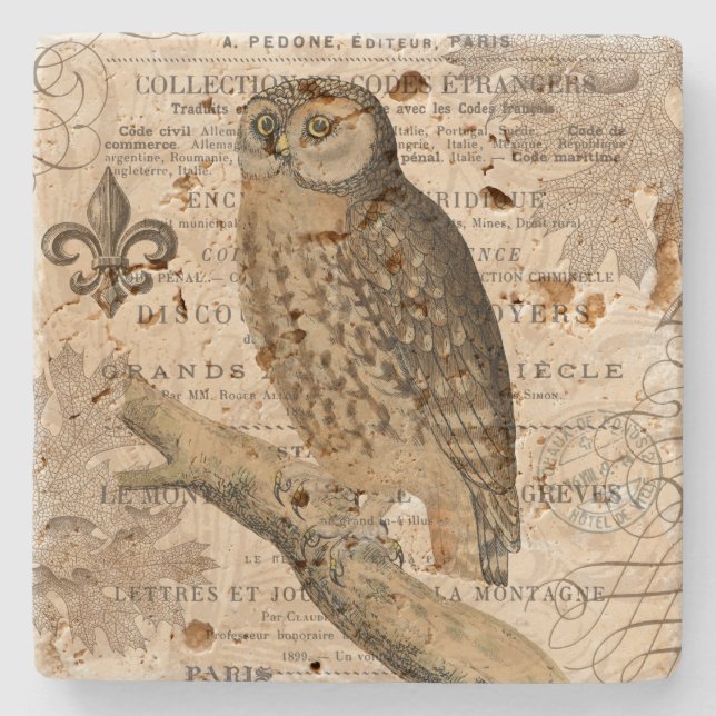Dessous-de-verre En Pierre hibou français vintage moderne (Devant)
