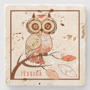 Dessous-de-verre En Pierre Illustration de chouette Brown et beige