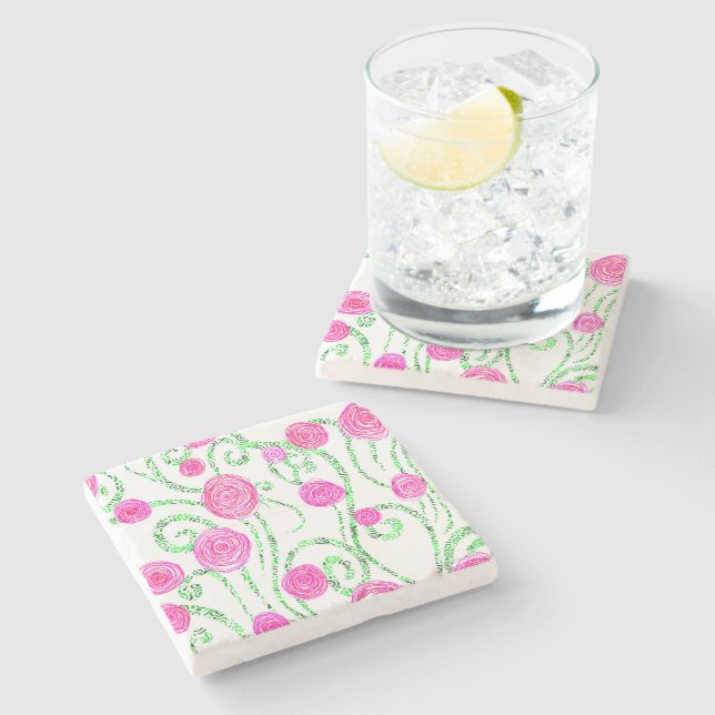 Dessous-de-verre En Pierre Illustration de fleurs vert et rose (Côté)
