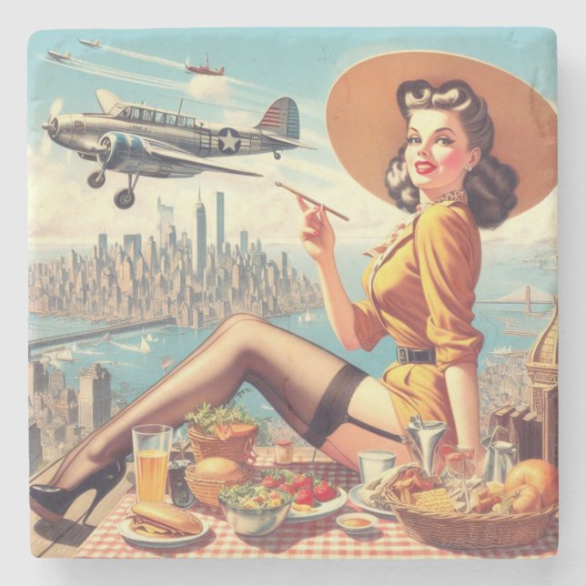 Dessous-de-verre En Pierre Illustration d'une prise d'avion rétro (Devant)
