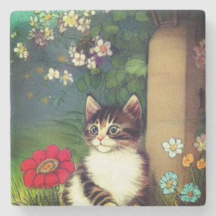 Dessous-de-verre En Pierre Illustration vintage de chat avec fleurs de printe