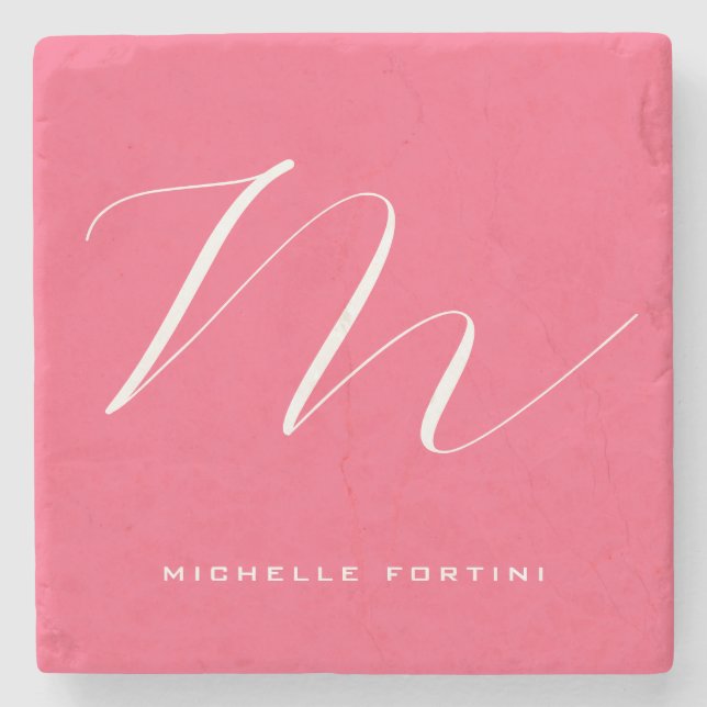 Dessous-de-verre En Pierre Joli Monogramme rose blanc moderne (Devant)