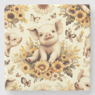 Dessous-de-verre En Pierre Joli Motif de cochon de tournesol Vintage