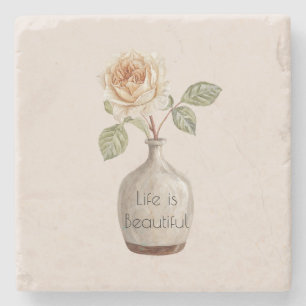 Dessous-de-verre En Pierre Jolie Fleur de Rose Pêche dans un Vase