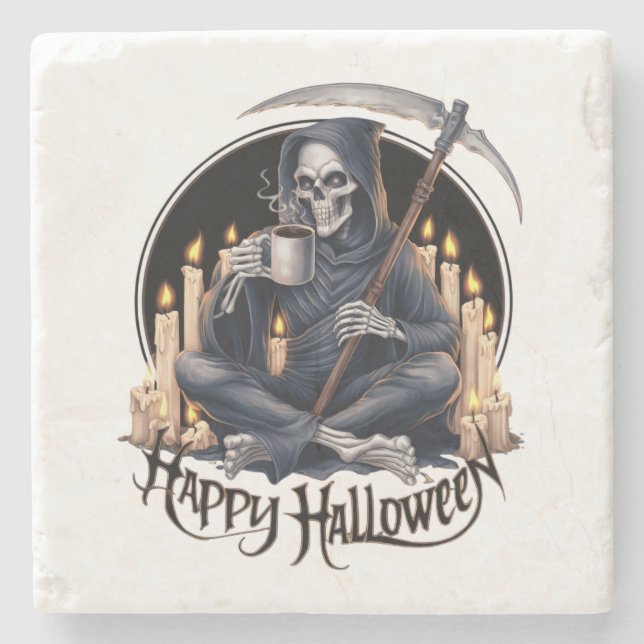 Dessous-de-verre En Pierre Joyeux Halloween et un squelette (Devant)