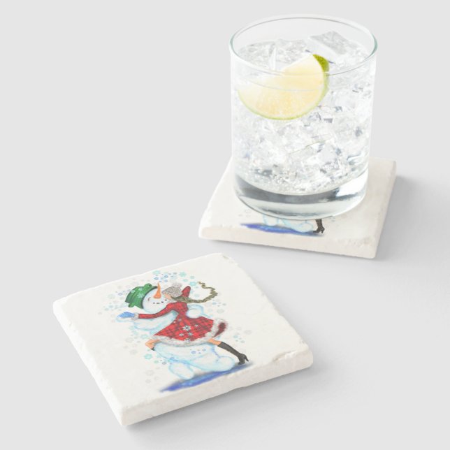 Dessous-de-verre En Pierre Joyeux Snowman et Fille Dance Tango fête de Noël (Côté)