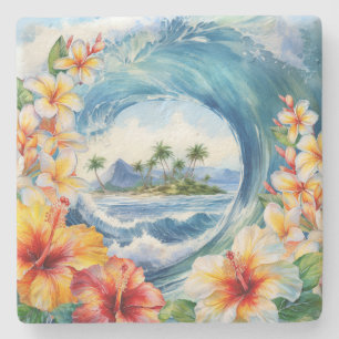 Dessous-de-verre En Pierre Kai Aloha Hibiscus Aquarelle Vague 