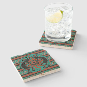 Dessous-de-verre En Pierre Kokopelli Sud-Ouest Turquoise Rustique