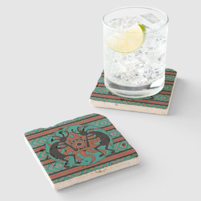 Dessous-de-verre En Pierre Kokopelli Sud-Ouest Turquoise Rustique (Côté)