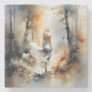 Dessous-de-verre En Pierre La Dame À Travers Une Forêt