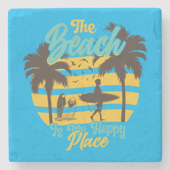 Dessous-de-verre En Pierre La plage est mon Happy Place, été, Surf & Palm Tre (Devant)