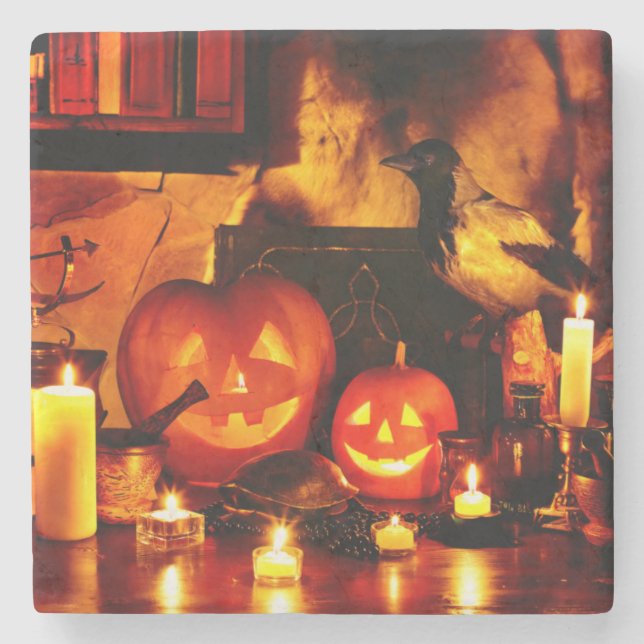Dessous-de-verre En Pierre Lanterne Citrouille d'Halloween (Devant)