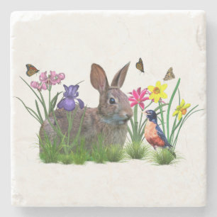 Dessous-de-verre En Pierre Lapin, Robin, et fleurs, personnalisables