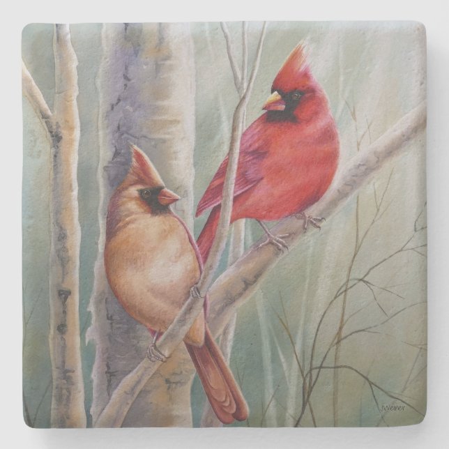 Dessous-de-verre En Pierre L'art de l'aquarelle rouge cardinal (Devant)