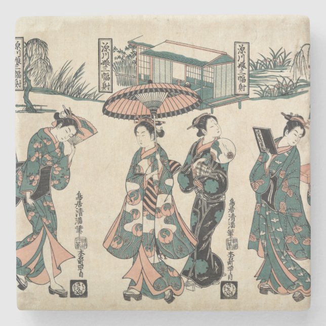 Dessous-de-verre En Pierre Les beautés de Fukagawa.Triptyque (Devant)
