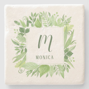 Dessous-de-verre En Pierre Luxe Feuille   Cadre botanique vert et monogramme