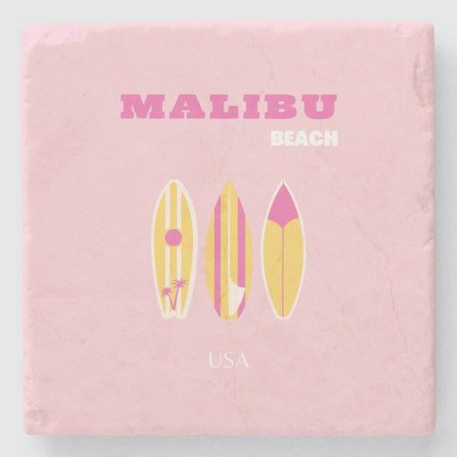 Dessous-de-verre En Pierre Malibu, Plage de Malibu, Preppy, Rose (Devant)
