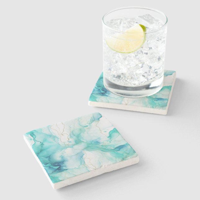 Dessous-de-verre En Pierre Marbre d'encre Mint Aqua (Côté)