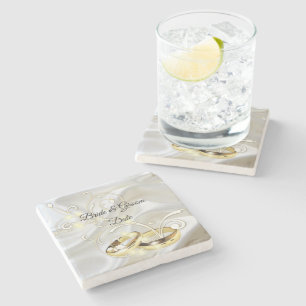 Dessous-de-verre En Pierre Mariage de conception en satin blanc et or